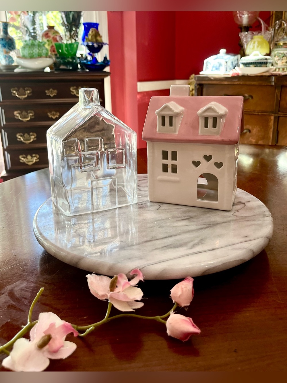 Modern Cottage Village Lot 6.25” Heavy Clear Glass & Pink Ceramic Heart Houses